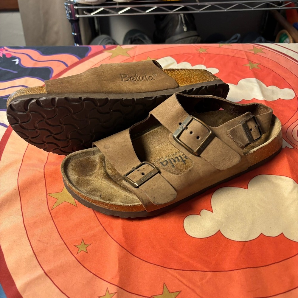 Betula by Birkenstock Brown Leather Buckle Slides Sandals Womens 7 Mens 5 EU 38